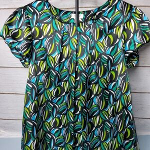 Cato Leaf-Print Flutter Sleeve Top in Teal, Lime & Black 14/16W